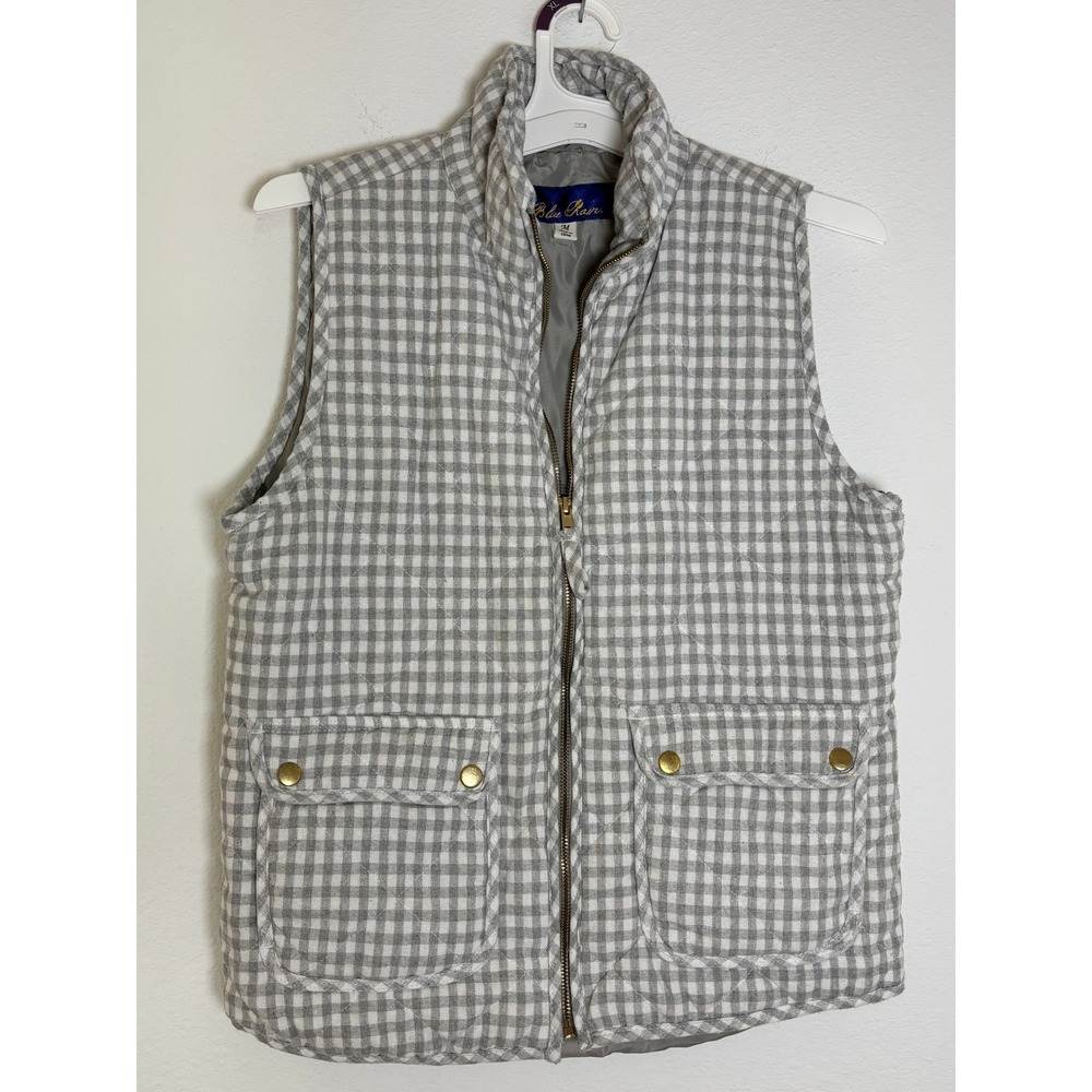 Blue Rain Womens Gingham Quilted Vest Grey White‎ Full Zip Pockets Size M